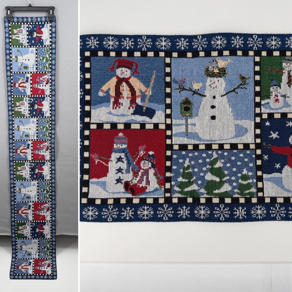 Holiday Home Snowmen Winter Tapestry Table Runner 72"x12" Check Patchwork Blue